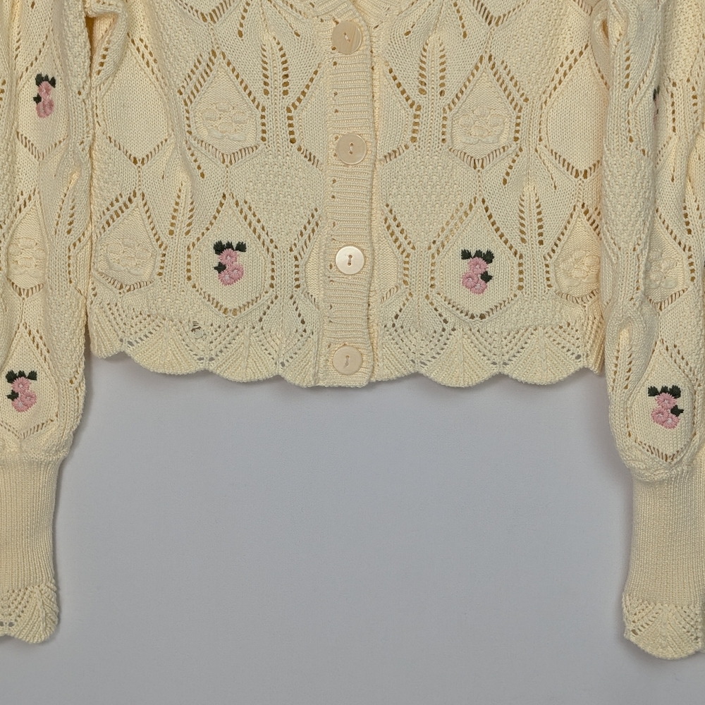 CHELSEA & VIOLET Pointelle Knit Floral Embroidered Button Front Cardigan Sweater - Picture 5 of 12